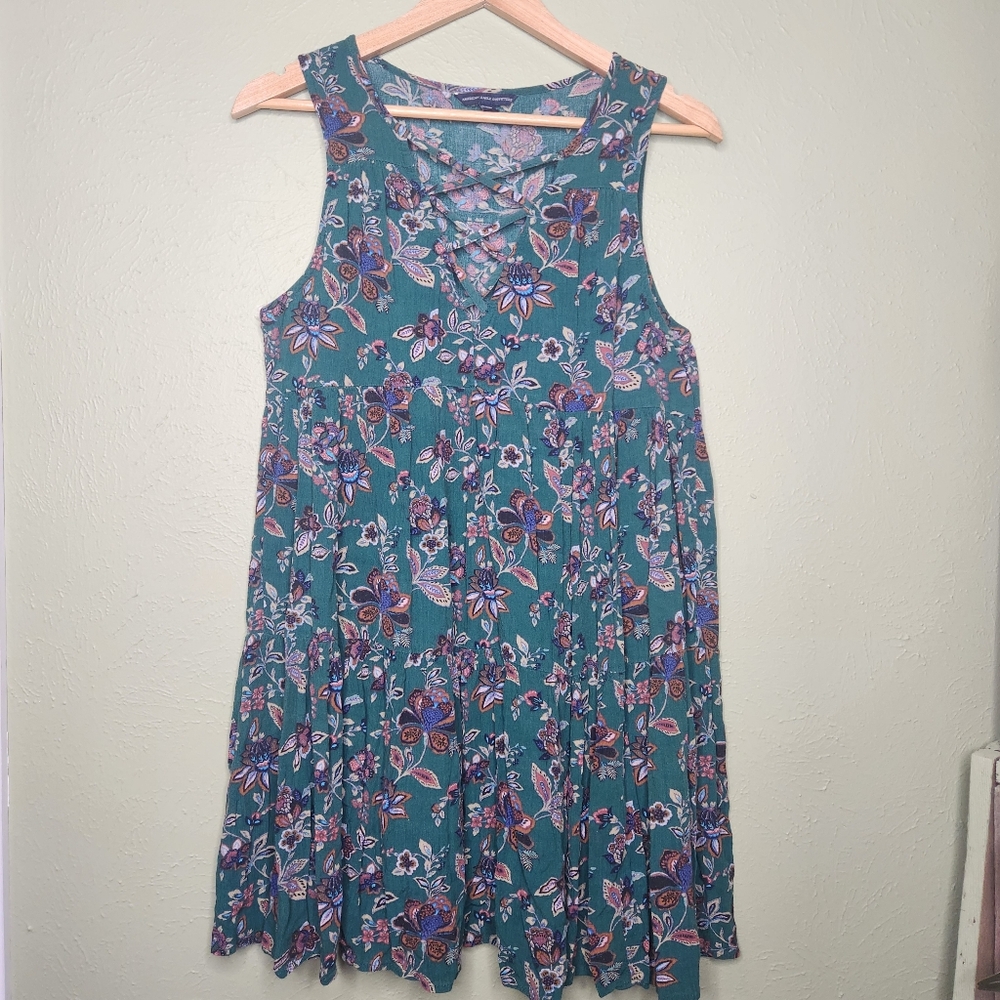 American Eagle Green Floral Crinkle Gauze Fabric Dress Medium Criss Cross